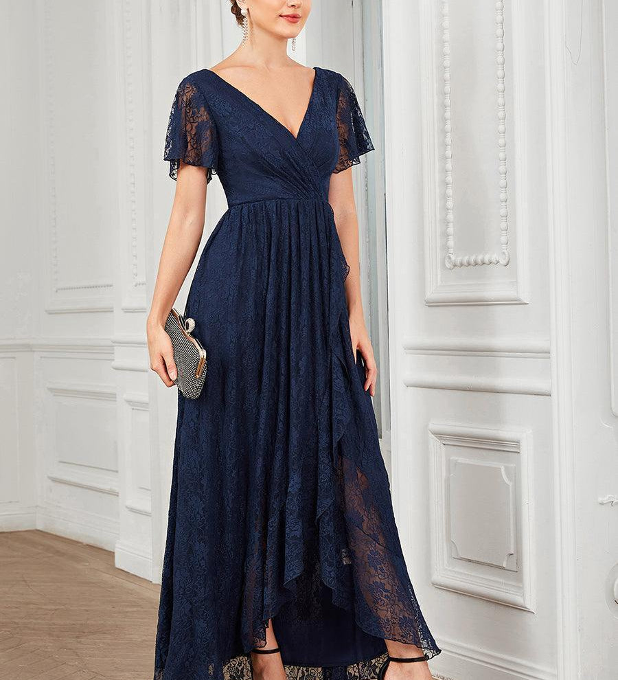 ever ELISE|Robe de soirée en dentelle plissée à manches courtes et col en V