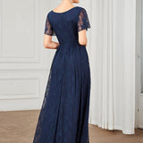 ever ELISE|Robe de soirée en dentelle plissée à manches courtes et col en V