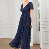 ever ELISE|Robe de soirée en dentelle plissée à manches courtes et col en V