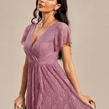 ever ELISE|Robe de soirée en dentelle plissée à manches courtes et col en V
