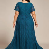 ever ELISE|Robe de soirée en dentelle plissée à manches courtes et col en V