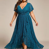 ever ELISE|Robe de soirée en dentelle plissée à manches courtes et col en V