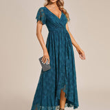 ever ELISE|Robe de soirée en dentelle plissée à manches courtes et col en V
