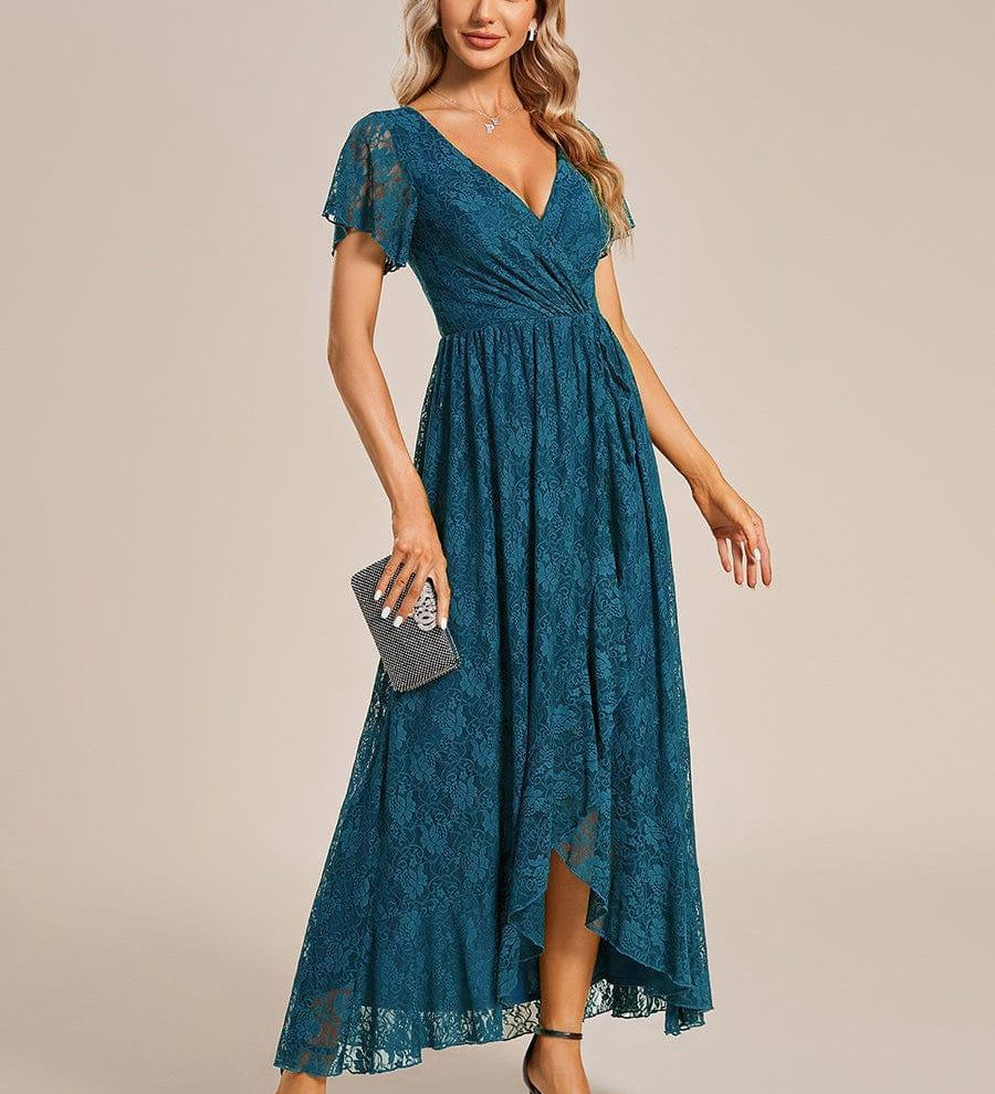 ever ELISE|Robe de soirée en dentelle plissée à manches courtes et col en V