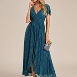 ever ELISE|Robe de soirée en dentelle plissée à manches courtes et col en V