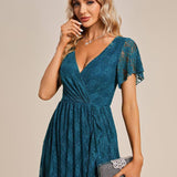 ever ELISE|Robe de soirée en dentelle plissée à manches courtes et col en V