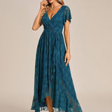 ever ELISE|Robe de soirée en dentelle plissée à manches courtes et col en V