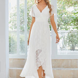 ever ELISE|Robe de soirée en dentelle plissée à manches courtes et col en V