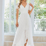ever ELISE|Robe de soirée en dentelle plissée à manches courtes et col en V