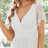 ever ELISE|Robe de soirée en dentelle plissée à manches courtes et col en V