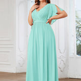 ever LEORA|Robe de soirée en mousseline de soie à col V et à manches flottantes