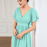 ever LEORA|Robe de soirée en mousseline de soie à col V et à manches flottantes