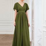 ever LEORA|Robe de soirée en mousseline de soie à col V et à manches flottantes