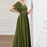 ever LEORA|Robe de soirée en mousseline de soie à col V et à manches flottantes