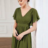 ever LEORA|Robe de soirée en mousseline de soie à col V et à manches flottantes