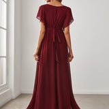 ever LEORA|Robe de soirée en mousseline de soie à col V et à manches flottantes
