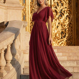 ever LEORA|Robe de soirée en mousseline de soie à col V et à manches flottantes