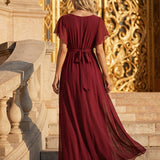ever LEORA|Robe de soirée en mousseline de soie à col V et à manches flottantes