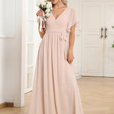 ever LEORA|Robe de soirée en mousseline de soie à col V et à manches flottantes