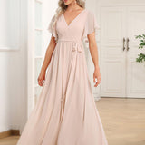 ever LEORA|Robe de soirée en mousseline de soie à col V et à manches flottantes