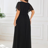 ever LEORA|Robe de soirée en mousseline de soie à col V et à manches flottantes