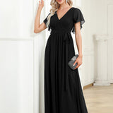 ever LEORA|Robe de soirée en mousseline de soie à col V et à manches flottantes