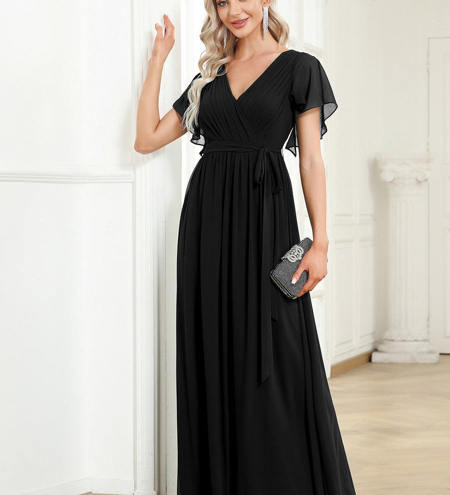 ever LEORA|Robe de soirée en mousseline de soie à col V et à manches flottantes