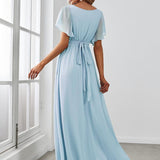ever LEORA|Robe de soirée en mousseline de soie à col V et à manches flottantes