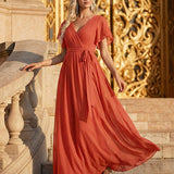 ever LEORA|Robe de soirée en mousseline de soie à col V et à manches flottantes