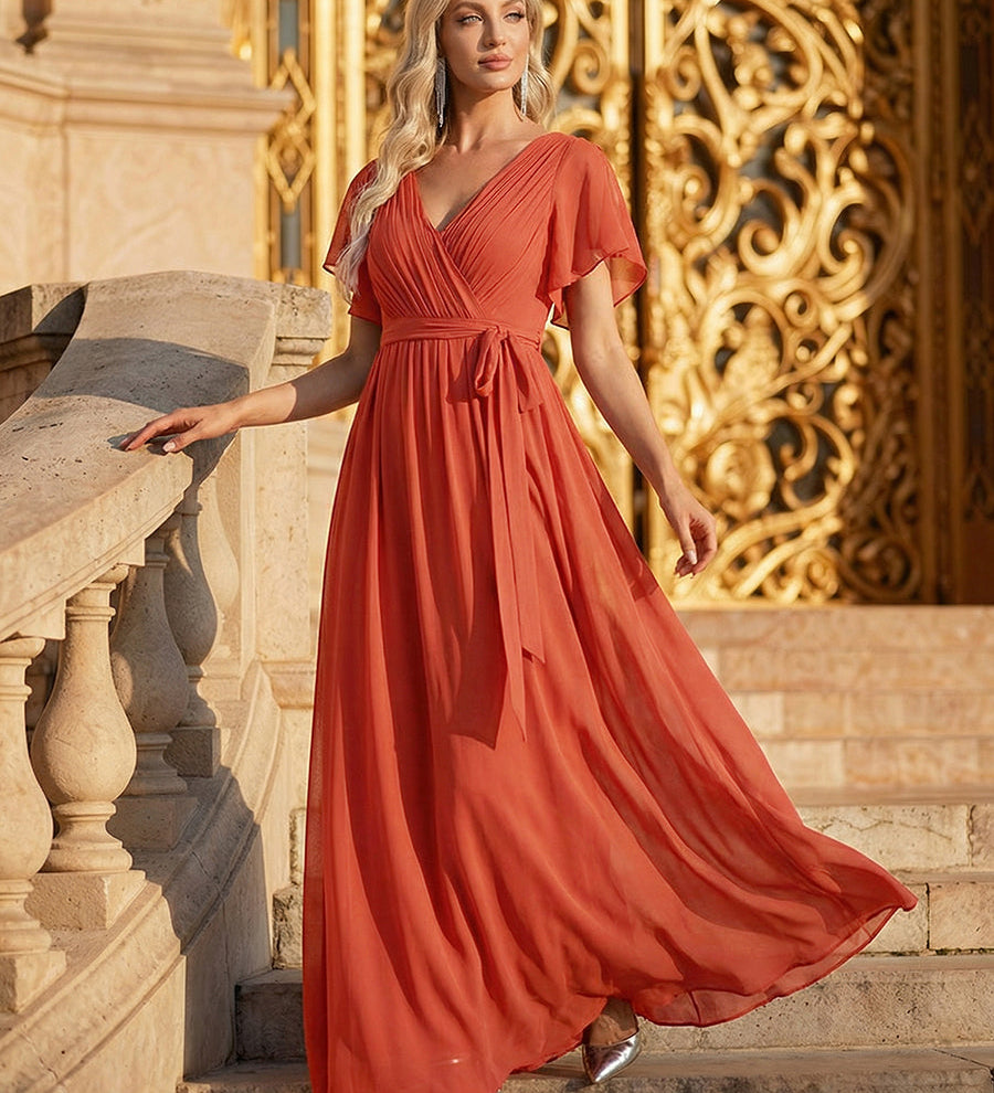ever LEORA|Robe de soirée en mousseline de soie à col V et à manches flottantes