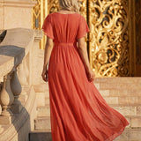 ever LEORA|Robe de soirée en mousseline de soie à col V et à manches flottantes