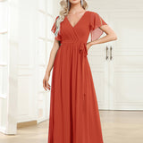 ever LEORA|Robe de soirée en mousseline de soie à col V et à manches flottantes