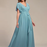 ever LEORA|Robe de soirée en mousseline de soie à col V et à manches flottantes
