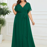 ever LEORA|Robe de soirée en mousseline de soie à col V et à manches flottantes