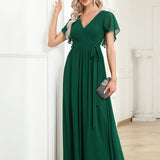 ever LEORA|Robe de soirée en mousseline de soie à col V et à manches flottantes