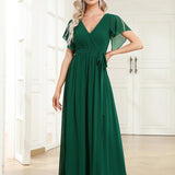ever LEORA|Robe de soirée en mousseline de soie à col V et à manches flottantes