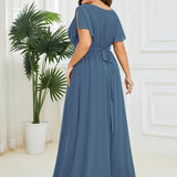 ever LEORA|Robe de soirée en mousseline de soie à col V et à manches flottantes