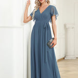 ever LEORA|Robe de soirée en mousseline de soie à col V et à manches flottantes