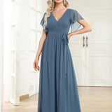 ever LEORA|Robe de soirée en mousseline de soie à col V et à manches flottantes
