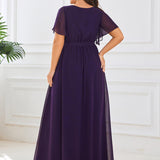 ever LEORA|Robe de soirée en mousseline de soie à col V et à manches flottantes