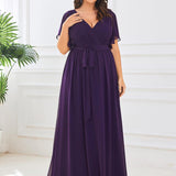 ever LEORA|Robe de soirée en mousseline de soie à col V et à manches flottantes