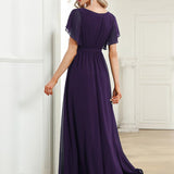 ever LEORA|Robe de soirée en mousseline de soie à col V et à manches flottantes