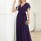 ever LEORA|Robe de soirée en mousseline de soie à col V et à manches flottantes