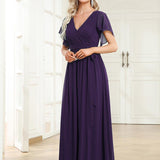 ever LEORA|Robe de soirée en mousseline de soie à col V et à manches flottantes