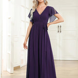 ever LEORA|Robe de soirée en mousseline de soie à col V et à manches flottantes