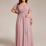 ever LEORA|Robe de soirée en mousseline de soie à col V et à manches flottantes