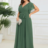 ever LEORA|Robe de soirée en mousseline de soie à col V et à manches flottantes