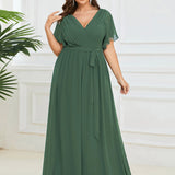 ever LEORA|Robe de soirée en mousseline de soie à col V et à manches flottantes