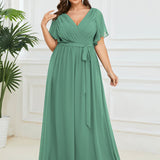 ever LEORA|Robe de soirée en mousseline de soie à col V et à manches flottantes