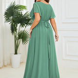 ever LEORA|Robe de soirée en mousseline de soie à col V et à manches flottantes